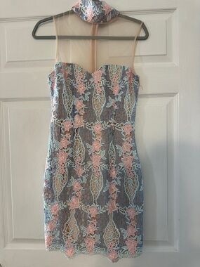Asilio Pink & Light Blue Floral Lace Illusion Sheath Dress